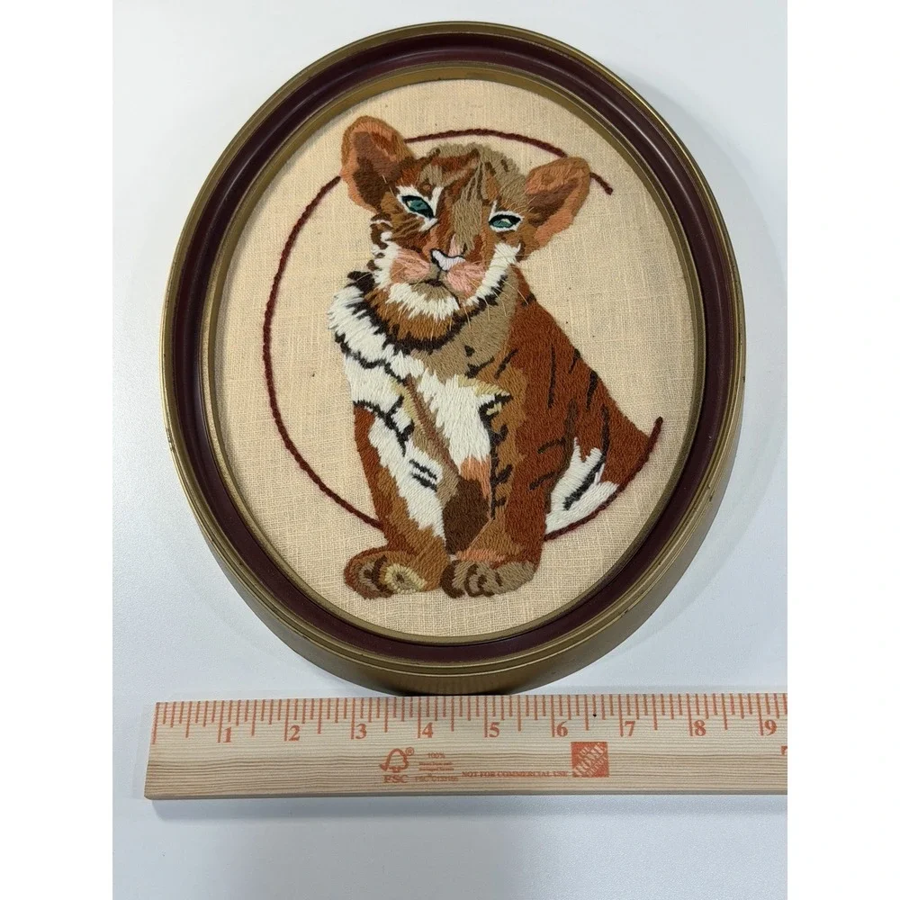 Vintage Crewel Embroidery Tiger Cub Framed Wall Art Handmade Oval Needlecraft